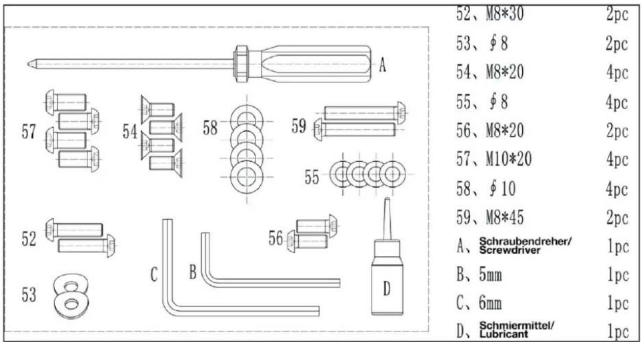 52、M8*30 53、∅8 54、M8*20 55、∅8 56、M8*20 57、M10*20 58、∅10 59、M8*45 A、Schraubendreher/ Screwdriver B、5mm C、6mm D、Schmiermittel/ Lubricant 2pc 2pc 4pc 4pc 2pc 4pc 4pc 2pc 1pc 1pc 1pc 1pc