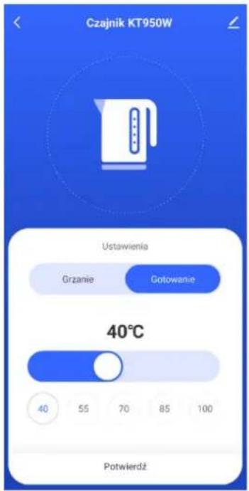 Czajnik KT950W Ustawienia Grzanie Gotowanie 40°C Potwierdź
