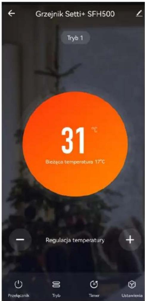 Grzejnik Setti+ SFH500 Tryb 1 31 °C Bieżąca temperatura 17°C Regulacja temperatury Przełącznik Tryb Timer Ustawienia