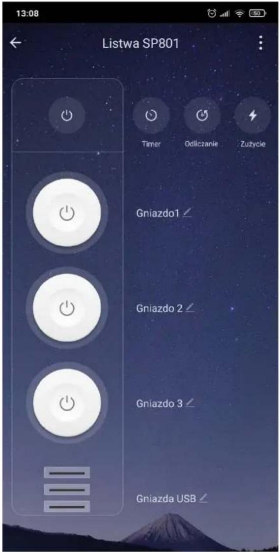 Listwa SP801 Timer Odliczanie Zuzycie Gniazdo1 Gniazdo 2 Gniazdo 3 Gniazda USB