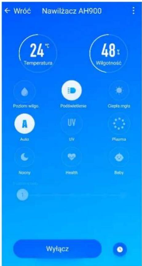 Wróć Nawilzacz AH900 24°C Temperatura 48% Wilgotność Poziorni wilgo. Podświetienie Ciepła mjła Auto UV Plazma Nocony Health Baby Wyłącz