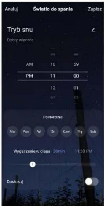 Anuluj Światło do spania Zapisz Tryb snu Dobry wieczór 00 188 AM 10 59 PM 11 00 12 01 01 02 Powtórzenia Nie Pon Wt Sr Czw Piq Sob Wygaszenie w ciągu 30min 11:30 PM Dostosuj