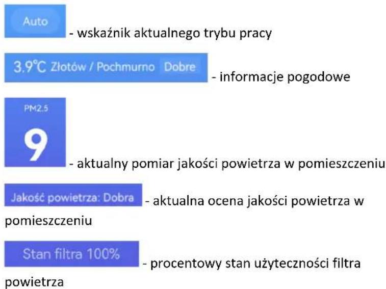 Auto - wskaźnik aktualnego trybu pracy 3.9°C Złotów / Pochmurno Dobre - informacje pogodowe PM2.5 9 - aktualny pomiar jakości powietrza w pomieszczeniu Jakość powietrza: Dobra - aktualna ocena jakości powietrza w pomieszczeniu Stan filtra 100% - procentowy stan użyteczności filtra powietrza