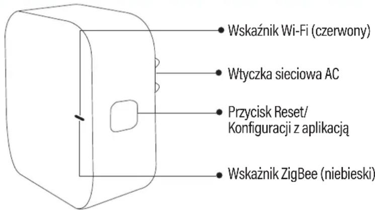 Wskaźnik Wi-Fi (czerwony) Wtyczka sieciowa AC Przycisk Reset/ Konfiguracji z aplikacją Wskaźnik ZigBee (niebieski)