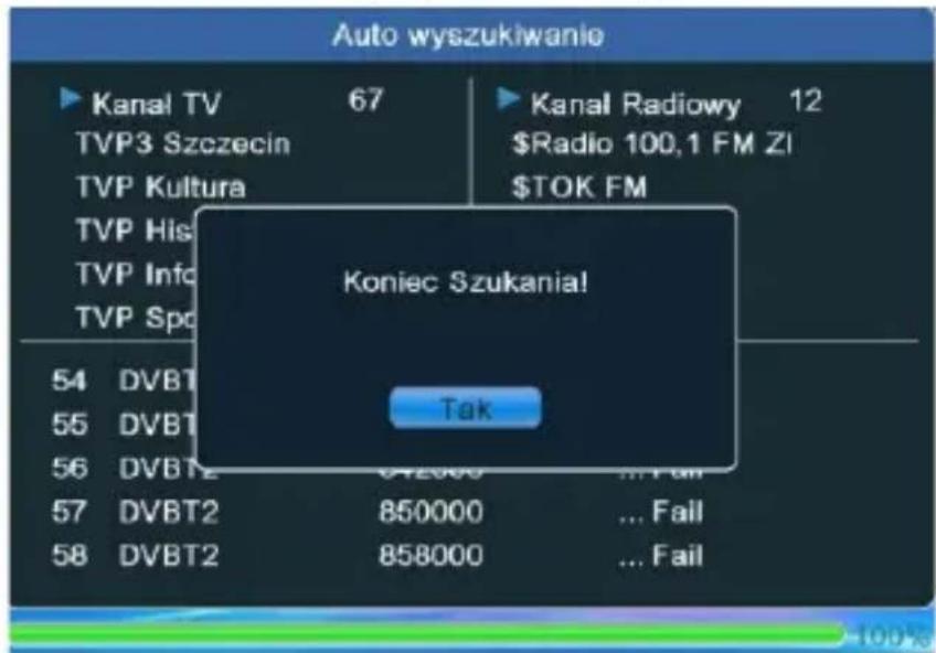 Auto wyszukiwanio ► Kanal TV 67 TVP3 Szczecin TVP Kultura ► Kanal Radiowy 12 $Radio 100,1 FM ZI $TOK FM TVP His TVP Info TVP Spd Koniec Szukania! Tak 54 DVBT 55 DVBT 56 DVBT2 872000 ... Fail 57 DVBT2 850000 ... Fail 58 DVBT2 858000 ... Fail