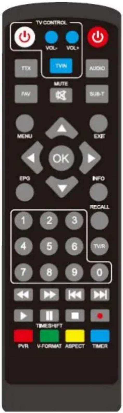 TV CONTROL VOL- VOL+ TTX TVN AUDIO MUTE FAV SUB-T MENU EXIT OK EPG INFO RECALL 1 2 3 4 5 6 TV/R 7 8 9 0 TIMESHFT PVR V-FORMAT ASPECT TIMER