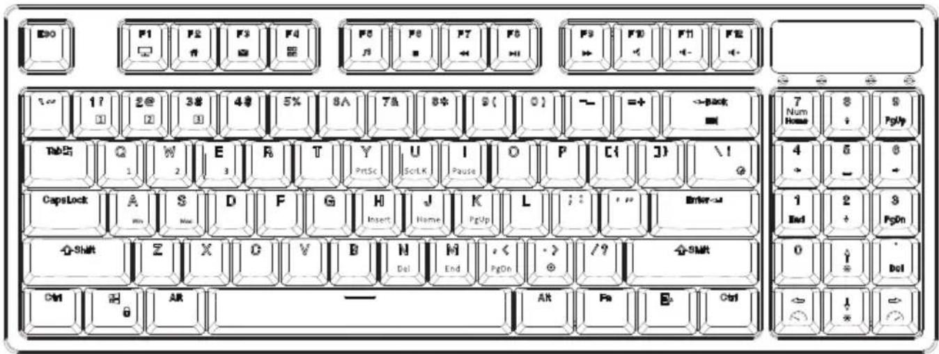 E30 F1 F2 F3 F4 F5 F6 F7 F8 F9 F10 F11 F12 1? 2@ 3# 4# 5% 6A 7A 8* 9( 0) - =+ →Back Tab2 Q W E R T Y U I O P C{ J} \! CapsLock A S D F G H J K L : : Enter→ Ded Min Max Insert Home PgUp Shift Z X C V B H M < /? SMAT OM AR — AK Fa Ctrl 7 Num Home 8 + 9 PgUp 4 6 8 + 1 2 3 PgOn 0 1 Del ← 1 * ←