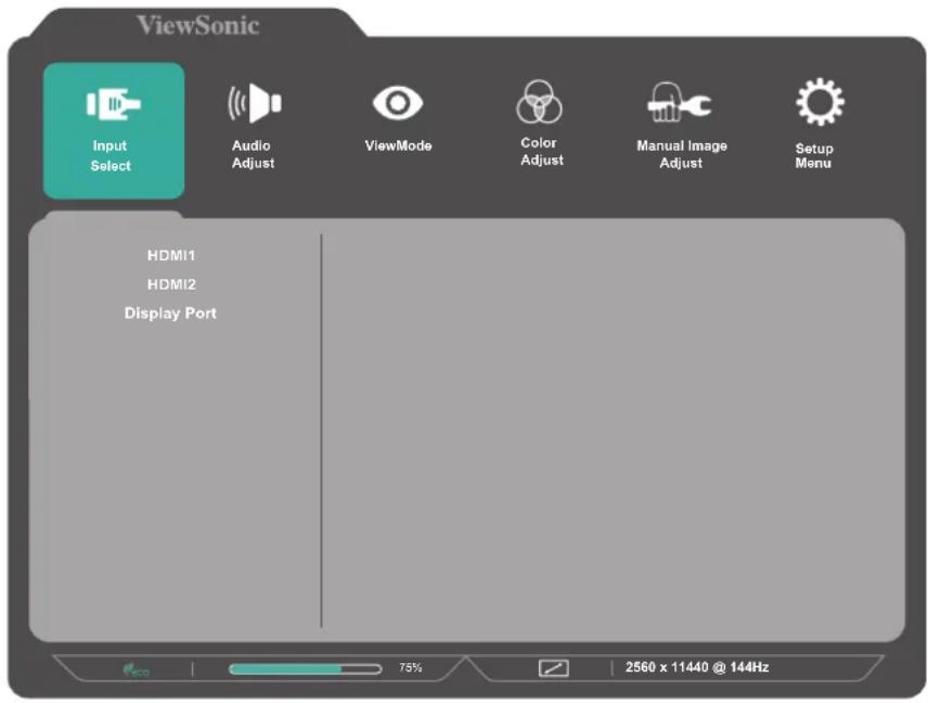 ViewSonic Input Select Audio Adjust ViewMode Color Adjust Manual Image Adjust Setup Menu HDMI1 HDMI2 Display Port 75% 2560 x 11440 @ 144Hz