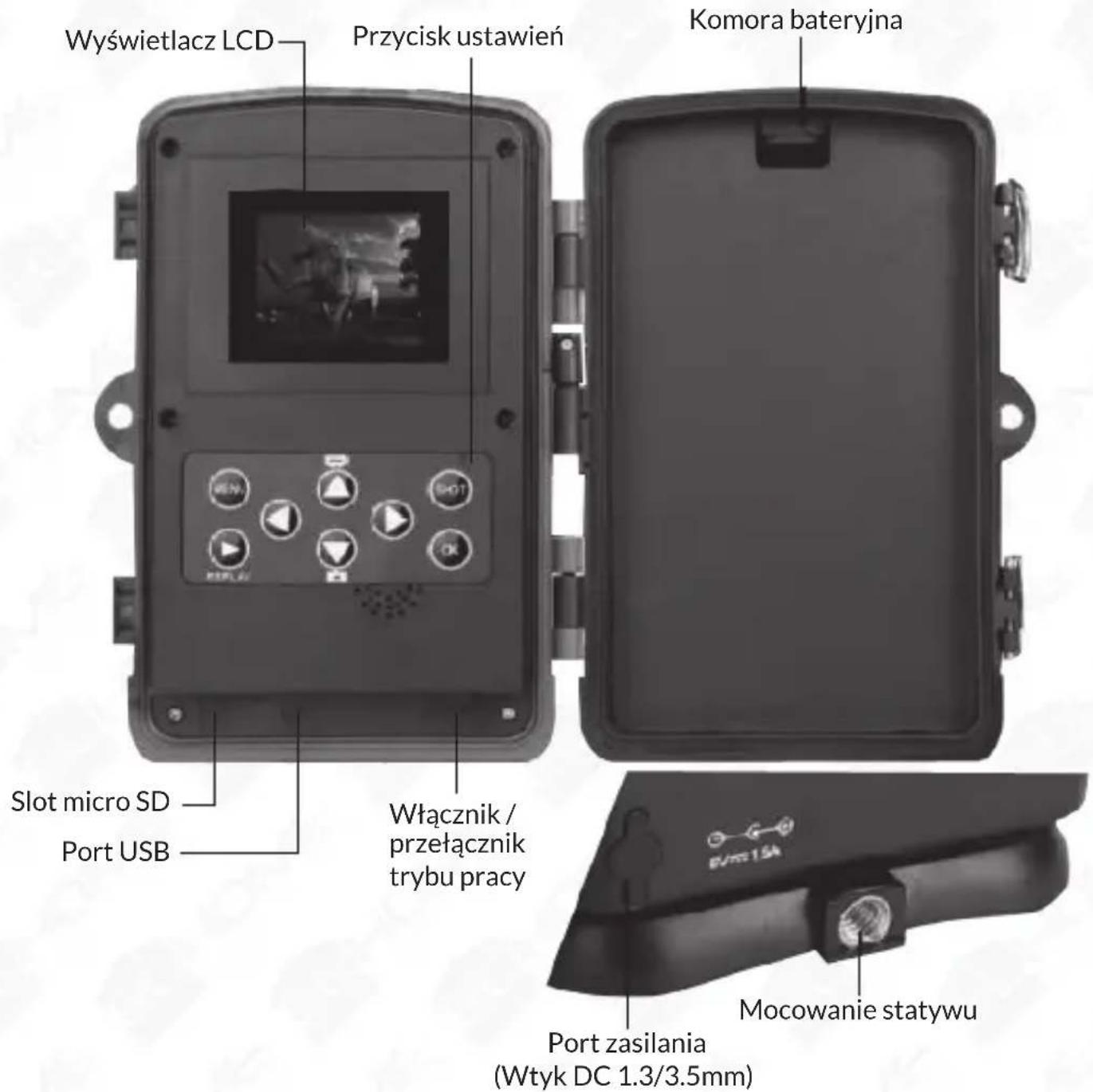 Wyświetlacz LCD Przycisk ustawień Komora bateryjna Slot micro SD Port USB Włącznik / przełącznik trybu pracy Mocowanie statywu Port zasilania (Wtyk DC 1.3/3.5mm)