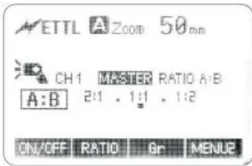ETTL A Zoom 50mm CH1 MASTER RATIO A:B A:B 2:1 . 1:1 . 1:2 ON/OFF RATIO Gr MENU2
