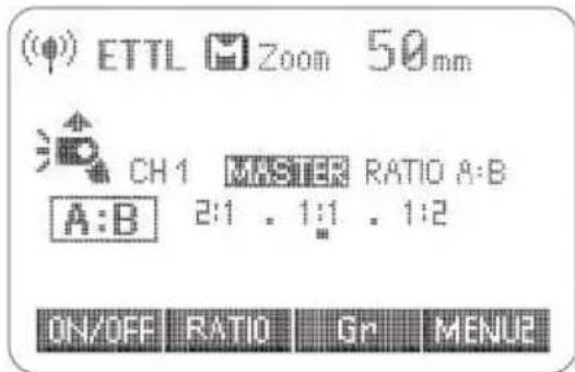 (φ) ETTL Zoom 50mm CH1 MASTER RATIO A:B A:B 2:1 . 1:1 . 1:2 ON/OFF RATIO GM MENU