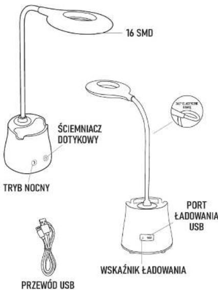 16 SMD ŚCIEMNIACZ DOTYKOWY TRYB NOCNY PORT ŁADOWANIA USB WSKAŻNIK ŁADOWANIA PRZEWÓD USB