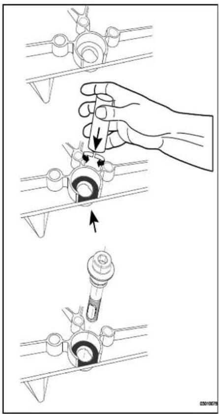 Technical diagram showing three-step assembly steps of a mechanical component with directional arrows indicating motion.