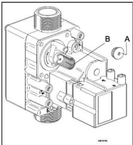 Technical diagram of a mechanical assembly with labeled parts A and B, showing internal components and connections.