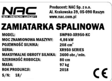 NAC SWP80-XR950-KC - Tabliczka znamionowa - 1