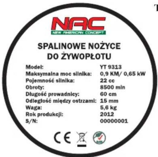 NAC YT9313 - Tabliczka znamionowa - 1