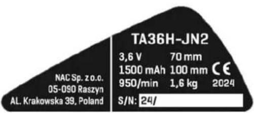 NAC TA36H-JN2 - Inne oznaczenia na maszynie - 1