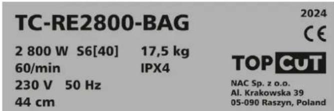 NAC TC-RE2800-BAG - Inne oznaczenia na maszynie - 1