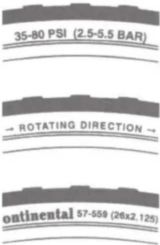 35-80 PSI (2.5-5.5 BAR) → ROTATING DIRECTION → continental 57-559 (26x2.125)
