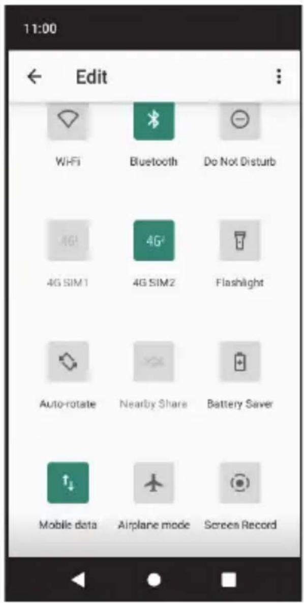 11:00 Edit WiFi Bluetooth Do Not Disturb 4G SIM 1 4G SIM 2 Flashlight Auto-rotate Nearby Share Battery Saver Mobile data Airplane mode Screen Record