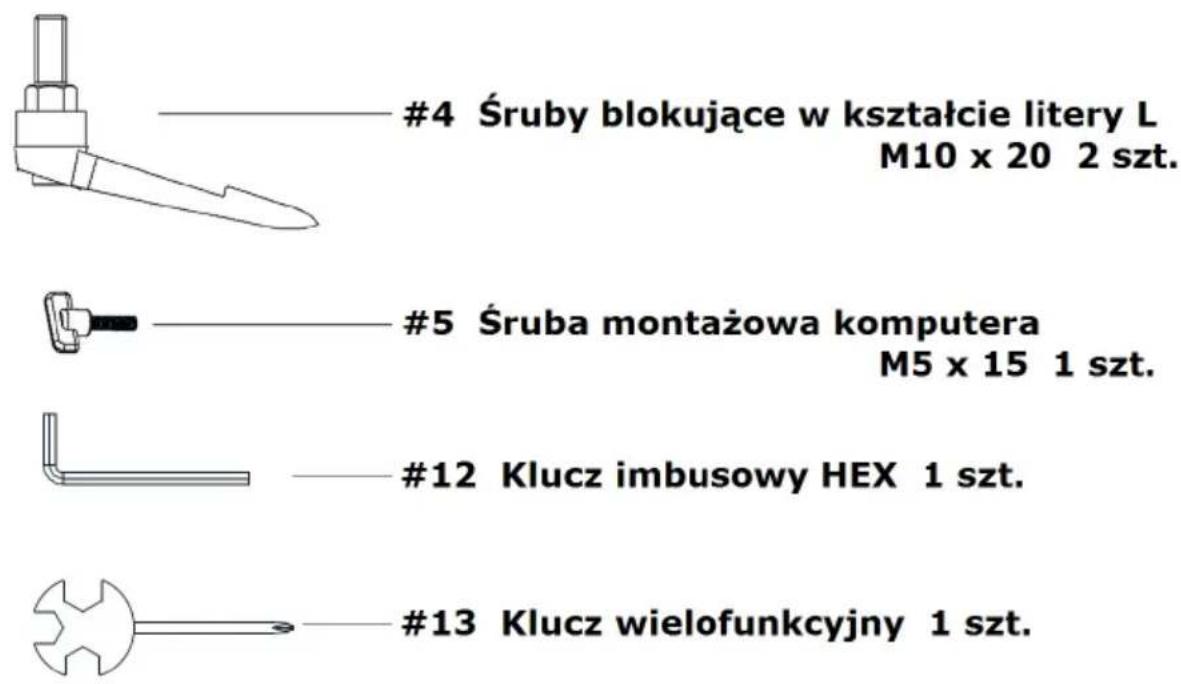 #4 Śruby blokujące w kształcie litery L M10 x 20 2 szt. #5 Śruba montażowa komputera M5 x 15 1 szt. #12 Klucz imbusowy HEX 1 szt. #13 Klucz wielofunkcyjny 1 szt.