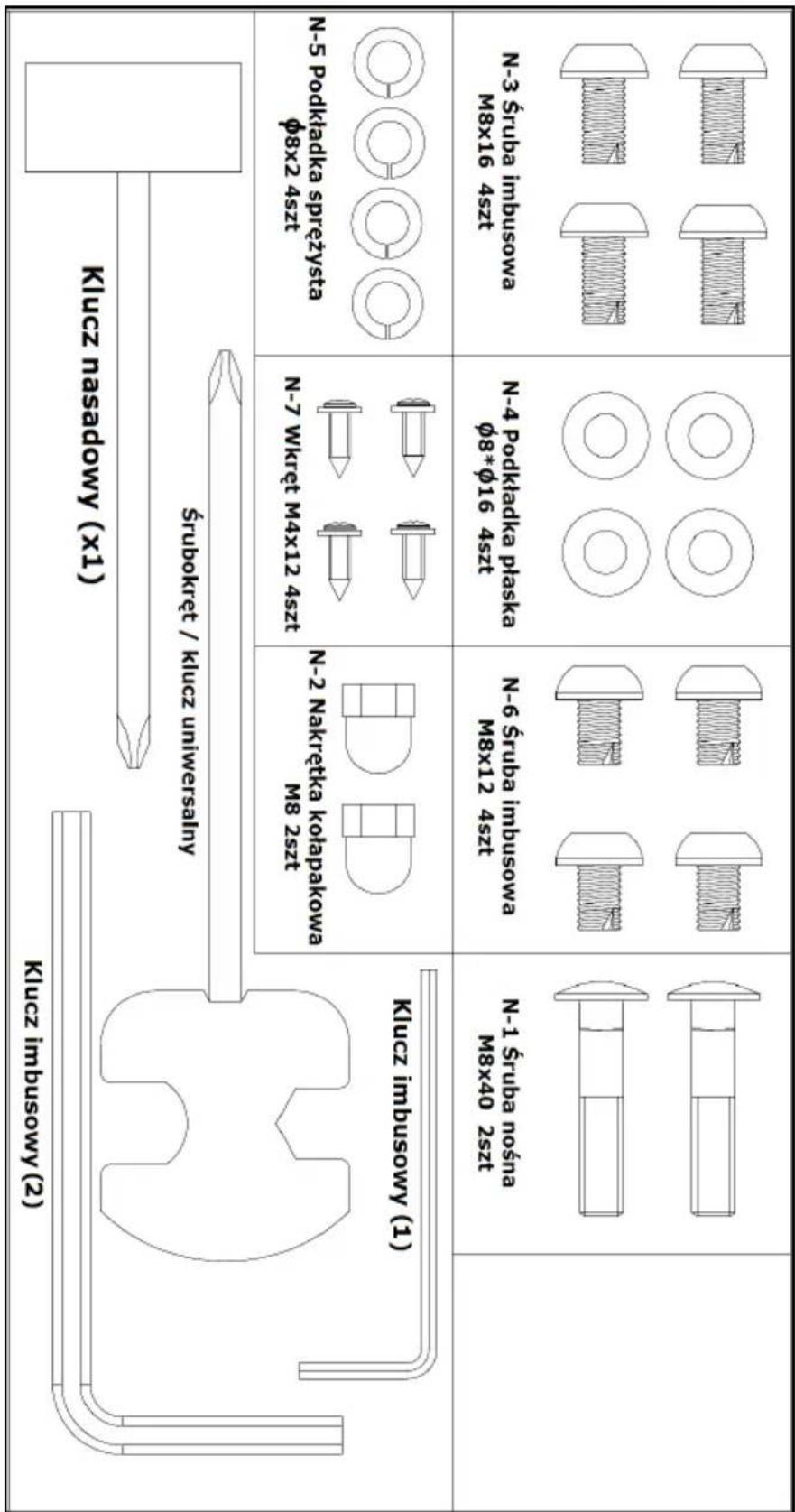 Klucz imbuosity (2) Klucz nasodowy (x1) Strubokret / klucz universality Klucz imbuosity (1) N-2 Nakrerka Kolarpakowa M8 2szt N-7 Wikt M4X12 4szt φ8x2 4szt N-5 Podkładka spręzyta φ8x2 4szt N-4 Podkładka płaska φ8*φ16 4szt M8x16 4szt N-3 Struba imbuosity M8x40 2szt N-1 Struba nośna φ8*φ16 4szt