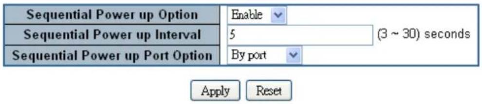 Sequential Power up Option Enable Sequential Power up Interval 5 (3 ~ 30) seconds Sequential Power up Port Option By port Apply Reset