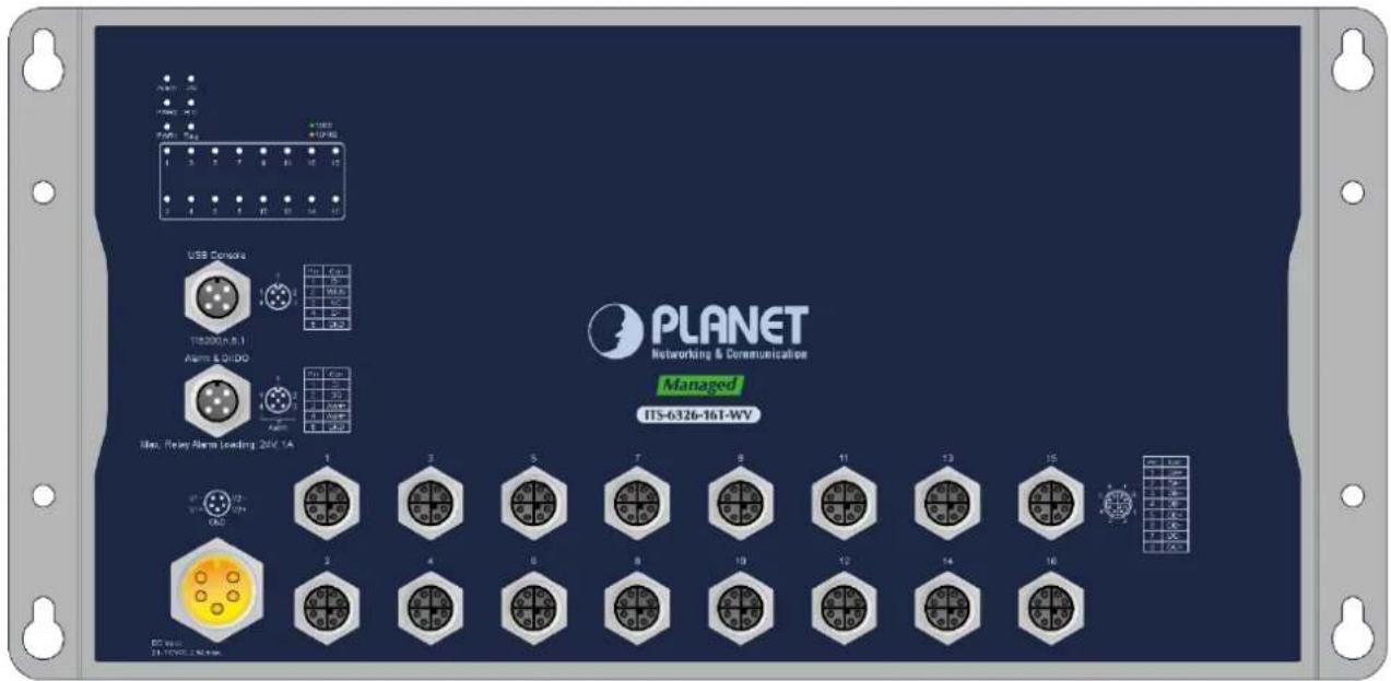 PLANET Networking & Communication Managed ITS-6326-16T-WV USB Console USB 2000A-8.1 Alarm & QIUDO Max. Relay Alarm Loading 24V, 1A DC Max. 24 V/1000A, 2.5kV Max.