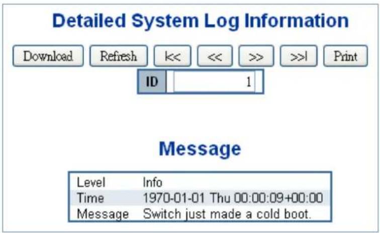 Detailed System Log Information Download Refresh << << >> >>1 Print ID 1 Message Level Info Time 1970-01-01 Thu 00:00:09+00:00 Message Switch just made a cold boot.