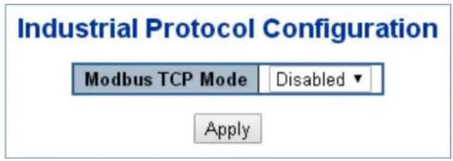 Industrial Protocol Configuration Modbus TCP Mode Disabled Apply