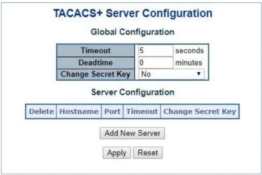 TACACS+ Server Configuration Global Configuration Timeout 5 seconds Deadtime 0 minutes Change Secret Key No Server Configuration Delete Hostname Port Timeout Change Secret Key Add New Server Apply Reset