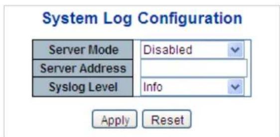 System Log Configuration Server Mode Disabled Server Address Syslog Level Info Apply Reset