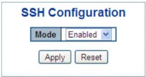 SSH Configuration Mode Enabled Apply Reset