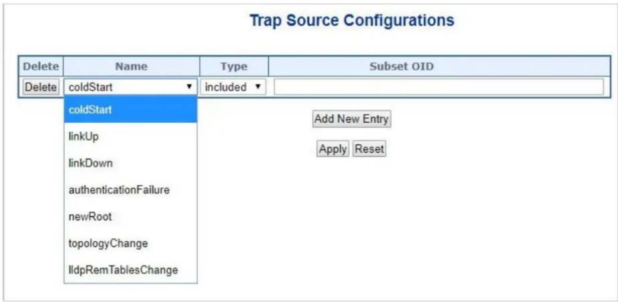 Trap Source Configurations Delete Name Type Subset OID Delete coldStart included coldStart linkUp linkDown authenticationFailure newRoot topologyChange IldpRemTablesChange Add New Entry Apply Reset
