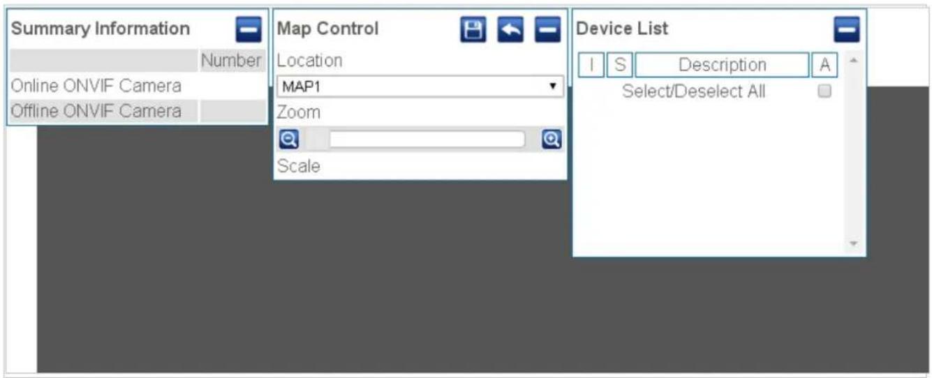 Summary Information Number Online ONVIF Camera Offline ONVIF Camera Map Control Location MAP1 Zoom Scale Device List I S Description A Select/Deselect All