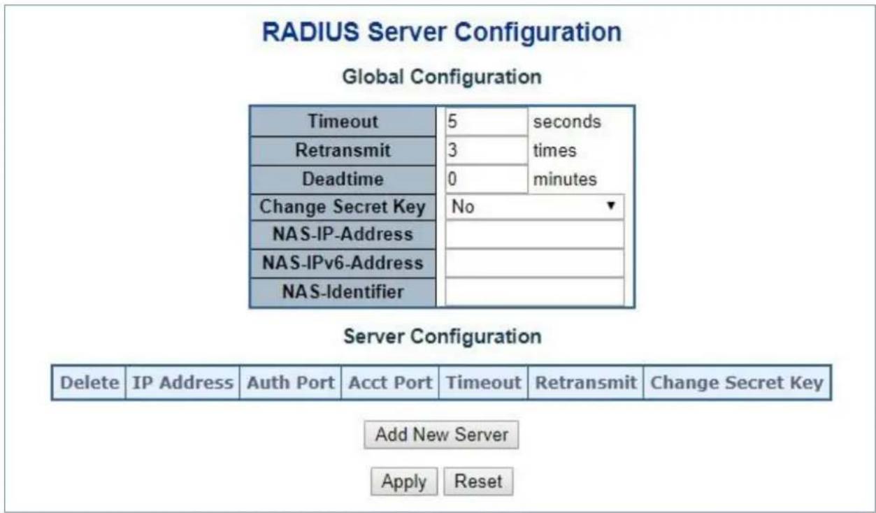 RADIUS Server Configuration Global Configuration Timeout 5 seconds Retransmit 3 simes Deadtime 0 minutes Change Secret Key No NAS-IP-Address NAS-IPv6-Address NAS-Identifier Server Configuration Delete IP Address centr Auth Port Acct Port Timeout Retransmit Change Secret Key Add New Server Apply Reset