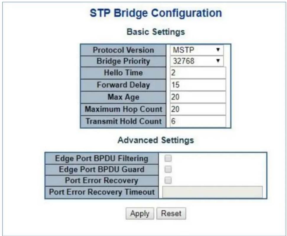 STP Bridge Configuration Basic Settings Protocol Version MSTP Bridge Priority 32768 Hello Time 2 Forward Delay 15 Max Age 20 Maximum Hop Count 20 Transmit Hold Count 6 Advanced Settings Edge Port BPDU Filtering Edge Port BPDU Guard Port Error Recovery Port Error Recovery Timeout Apply Reset