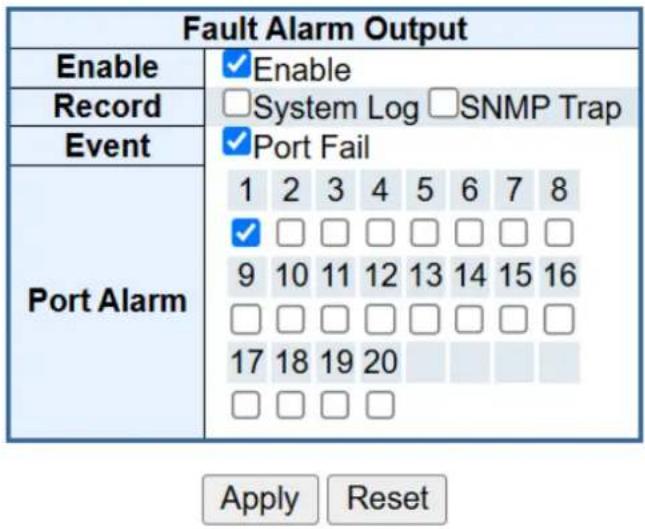 Fault Alarm Output Enable Record Event ✓Enable □System Log □SNMP Trap ✓Port Fail 1 2 3 4 5 6 7 8 ✓ □ □ □ □ □ □ □ 9 10 11 12 13 14 15 16 □ □ □ □ □ □ □ □ 17 18 19 20 □ □ □ □ Apply Reset