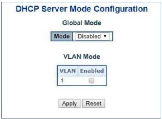 DHCP Server Mode Configuration Global Mode Mode Disabled VLAN Mode VLAN Enabled 1 Apply Reset
