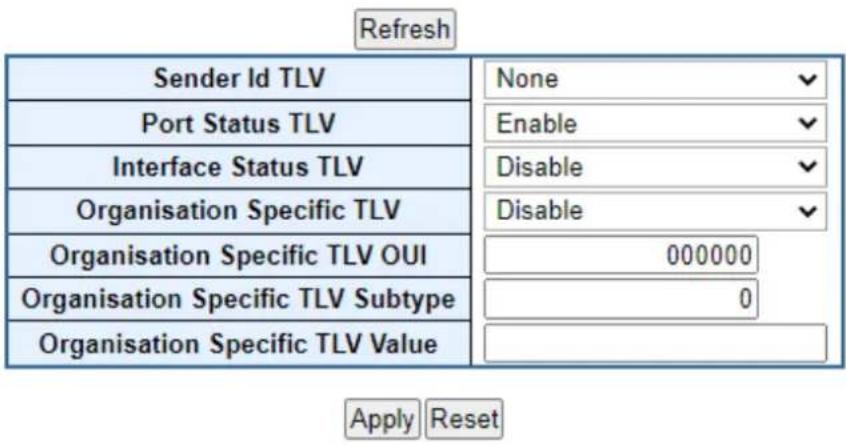 Refresh Sender Id TLV None Port Status TLV Enable Interface Status TLV Disable Organisation Specific TLV Disable Organisation Specific TLV OUI 000000 Organisation Specific TLV Subtype 0 Organisation Specific TLV Value Apply Reset