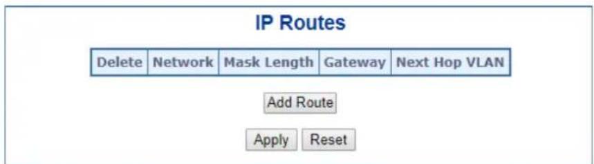 IP Routes Delete Network Mask Length Gateway Next Hop VLAN Add Route Apply Reset