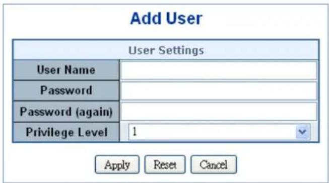 Add User User Settings User Name Password Password (again) Privilege Level 1 Apply Reset Cancel