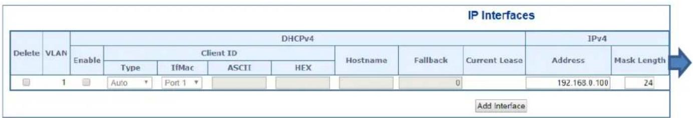 IP Interfaces Delete VLAN Enable DHCPv4 Client ID Type IfMac ASCII HEX Hostname Fallback Current Lease Address Mask Length 1 Auto Port 1 0 192.168.0.100 24 Add Interface