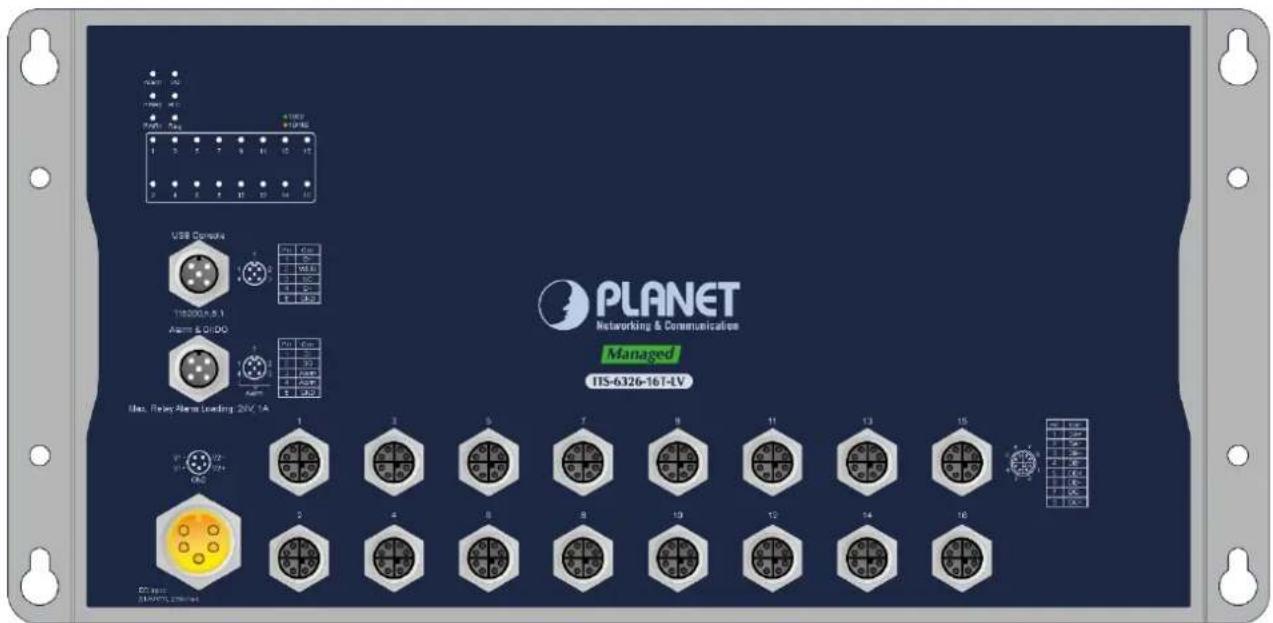 PLANET Networking & Communication Managed ITS-6326-16T-LV PLANET 1 2 3 4 5 6 7 8 9 10 11 12 13 14 15 VSB Console TIS-6326-8.1 Alarm & QI/OG Max. Relay Alarm Loading: 2kV, 1A DC power SAPPRO, 200MHz