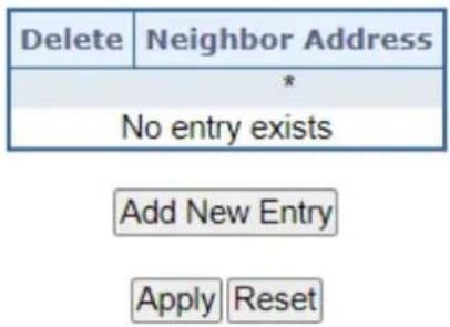 Delete Neighbor Address * No entry exists Add New Entry Apply Reset
