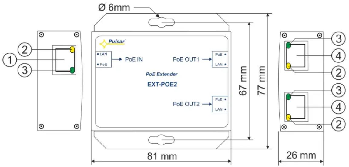 Ø 6mm Pulsar • LAN • PoE IN PoE OUT1 PoE • LAN PoE Extender EXT-POE2 PoE OUT2 PoE • LAN 81 mm 77 mm 26 mm ① ② ③ ③ ④ ② ④ ③ ②