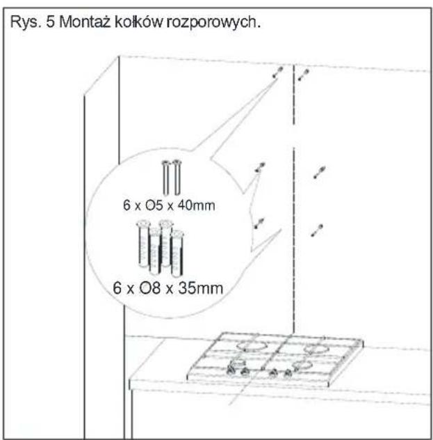 Rys. 5 Montaż kołków rozporowych. 6 x O5 x 40mm 6 x O8 x 35mm