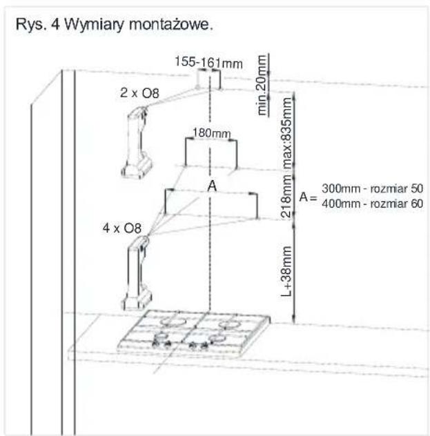 Rys. 4 Wymiary montażowe. 155-161mm 2 x O8 min 20mm 180mm A 218mm max:835mm A = 300mm - rozmiar 50 400mm - rozmiar 60 L+38mm 4 x O8