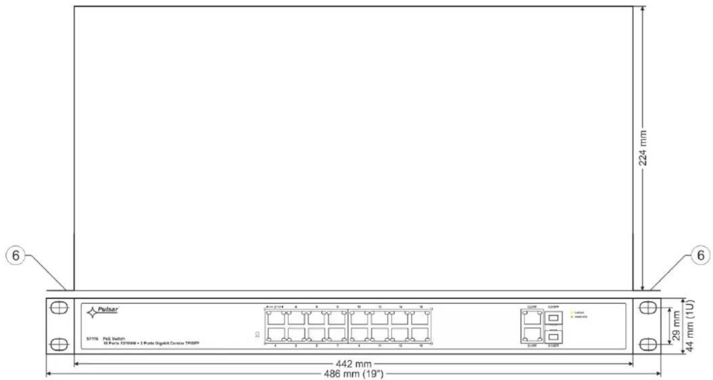 Pulsar SP716 PoE Button 16 Ports YDSRAM + 2 Ports Gigabit Currbox TRISFP 442 mm 486 mm (19") 224 mm 29 mm 44 mm (1U) 6 6
