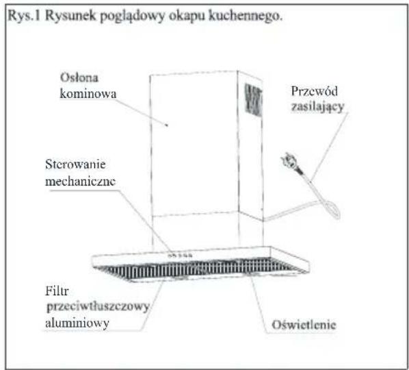 Rys.1 Rysunek poglądowy okapu kuchennego. Ośłona kominowa Sterowanie mechaniczne Filtr przeciwłuszczowy aluminiowy Przewód zasilający Oświetlenie
